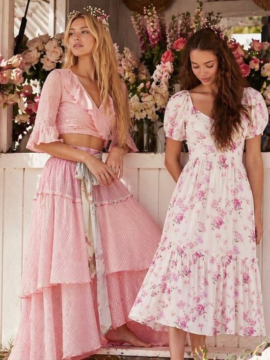 LoveShackFancy Dresses & Skirts - LoveShackFancy Angie Pink Floral Midi Dress | Grandmillennial Romantic Feminine